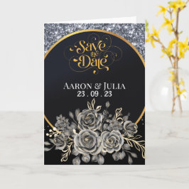 シルバー縁どグリッターブラックバラ保存日 カード