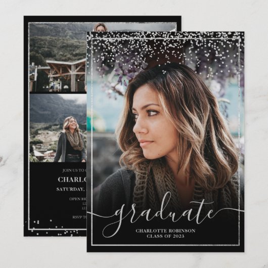 シルバー縁ど紙吹雪スクリプトの写真の卒業 招待状 (正面/裏面)