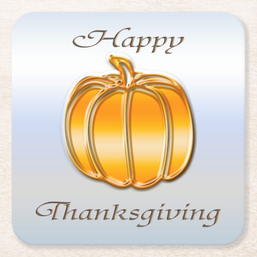 シルバー背景の感謝祭ゴールデンパンプキン スクエアペーパーコースター (正面)