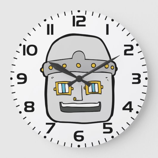 シルバー色のロボットのかわいい顔 ラージ壁時計 (正面)