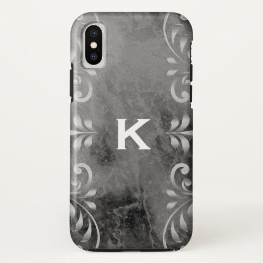 シルバー花柄の大理石 ブラック Case-Mate iPhoneケース (裏面)