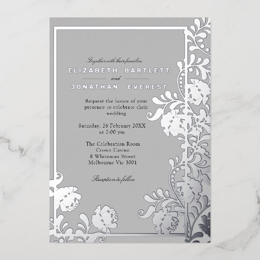 シルバー花模様とグエレガントレイ 箔招待状 (正面)
