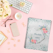 シルバー花模様グリーングリッターのキラキラの名前 ノートブック