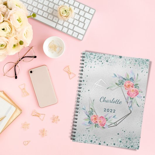 シルバー花模様グリーングリッターのキラキラの名前 ノートブック