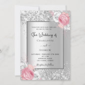 シルバー花模様ピンクの白いエレガントな結婚式 招待状 (正面)