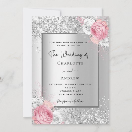 シルバー花模様ピンクの白いエレガントな結婚式 招待状 (正面)