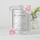 シルバー花模様ピンクの白いエレガントな結婚式 招待状 (スタンド正面)