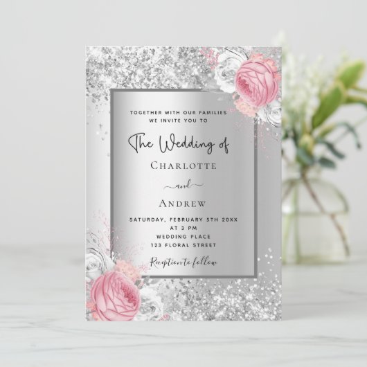 シルバー花模様ピンクの白いエレガントな結婚式 招待状 (スタンド正面)