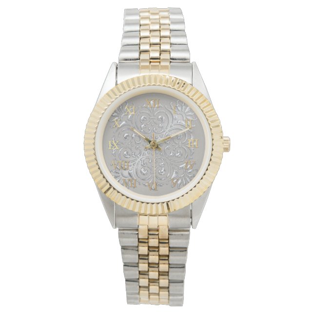 シルバー華美エンボスルックローマ数字 腕時計 (正面)