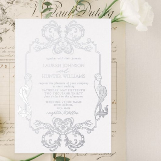 シルバー華美フローララインアートモノグラム結婚ズ 箔招待状