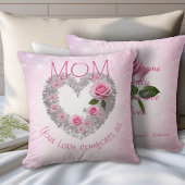 シルバー葉ハートとピンクローズママ クッション