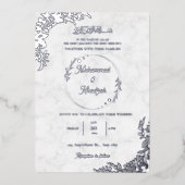 シルバー葉華美ス白大理石ムスリム結婚ズ 箔招待状 (正面)