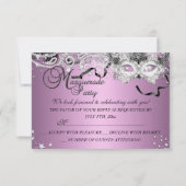 シルバー薄紫スパークルマスクマスカレードパーティーRSVP 招待状 (裏面)
