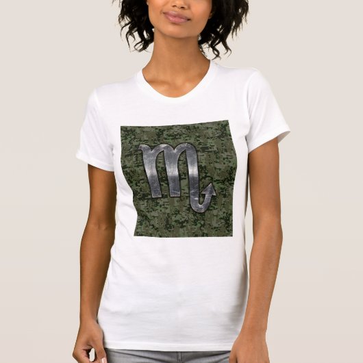 シルバー蠍座〔占星術の〕十二宮図サインウッドランドデジタル迷彩柄 Tシャツ (正面)