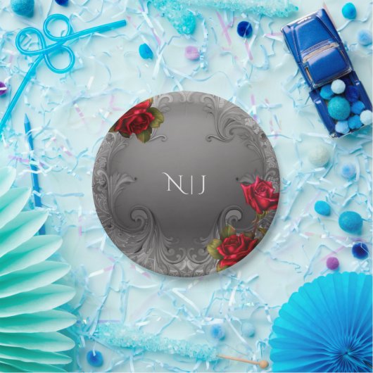 シルバー装飾ファンシーヴィンテージレッド結婚ローズ ペーパープレート (パーティー)