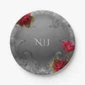 シルバー装飾ファンシーヴィンテージレッド結婚ローズ ペーパープレート (正面)
