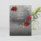 シルバー装飾ファンシーヴィンテージレッド結婚ローズ 招待状 (スタンド正面)