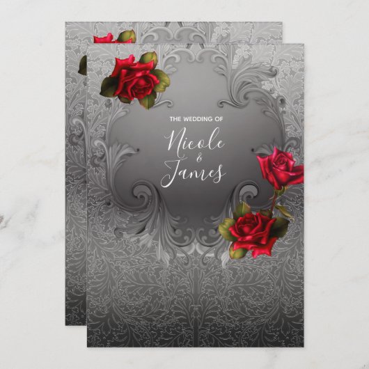 シルバー装飾ファンシーヴィンテージレッド結婚ローズ 招待状 (正面/裏面)