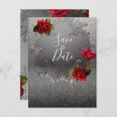 シルバー装飾ヴィンテージ赤いバラ日付を保存 案内ポストカード (正面/裏面)
