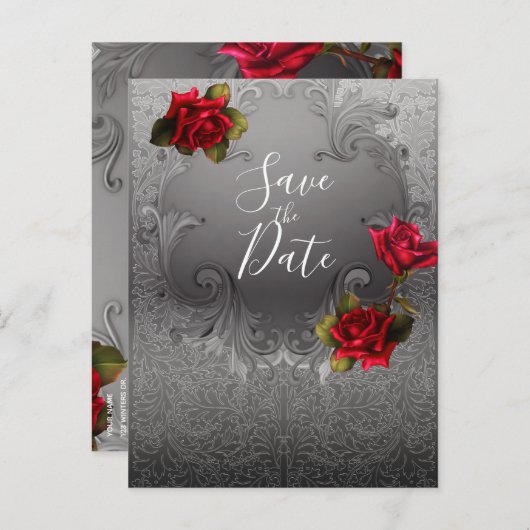 シルバー装飾ヴィンテージ赤いバラ日付を保存 案内ポストカード (正面/裏面)