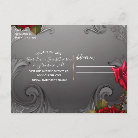 シルバー装飾ヴィンテージ赤いバラ日付を保存 案内ポストカード (裏面)