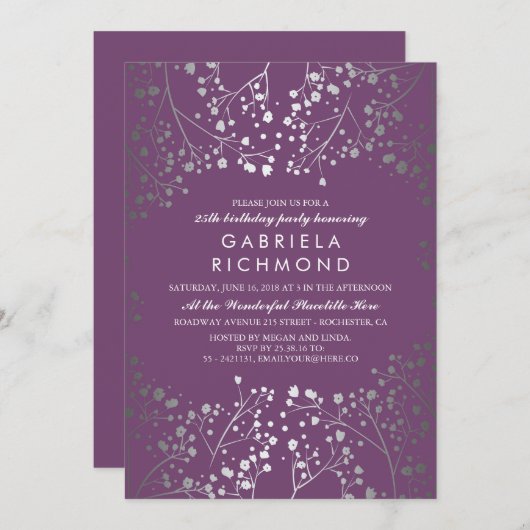 シルバー赤ちゃんの息エレガント梅の誕生日パーティー 招待状 (正面/裏面)