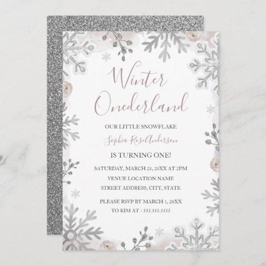 シルバー赤面ウィンターオネダーランド1歳の誕生日 招待状 (正面/裏面)