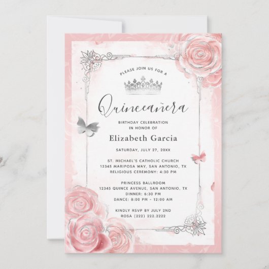 シルバー赤面ピンクローズウォーターカラーキンセアニェラ 招待状 (正面)