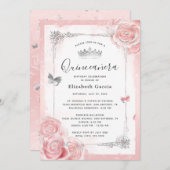 シルバー赤面ピンクローズウォーターカラーキンセアニェラ 招待状 (正面/裏面)