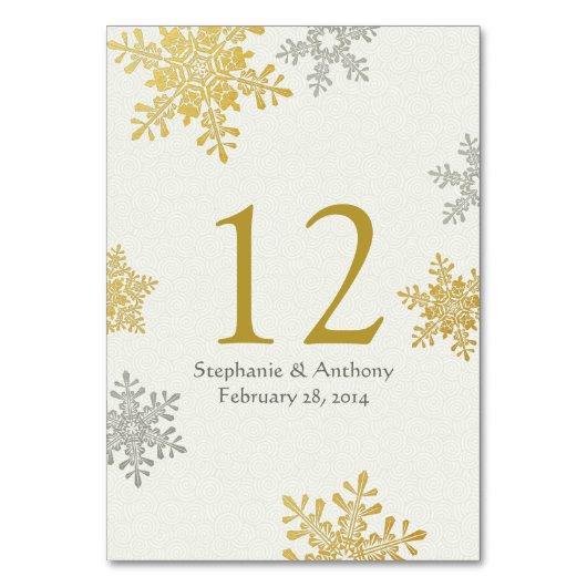 シルバー金ゴールドアイボリー雪片ウィンターウェディング テーブルナンバー (正面)