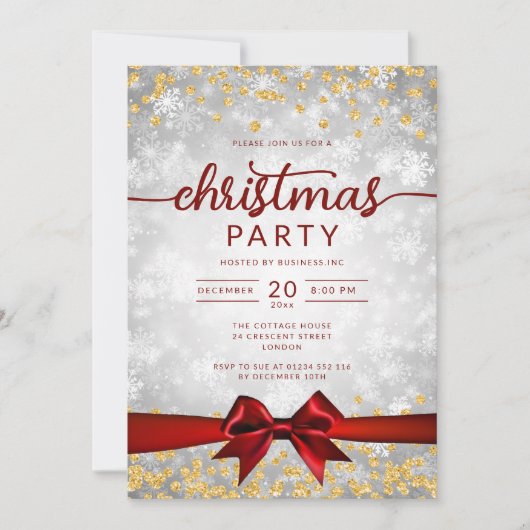 シルバー金ゴールドウィンタースノーフレーク会社レッドリボン 招待状 (正面)