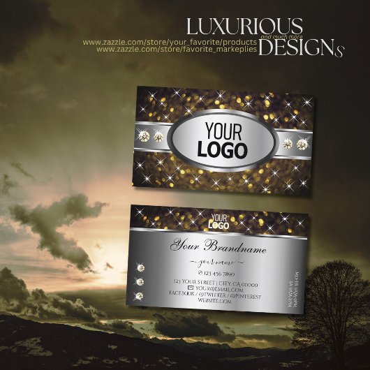 シルバー金ゴールドグリッタースパークルスターズロゴ付き宝石 名刺