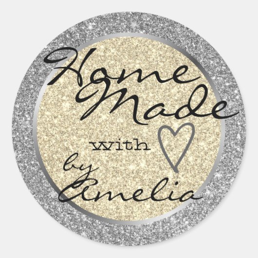 シルバー金ゴールドグリッターホームメイドwithラブピンク ラウンドシール (正面)