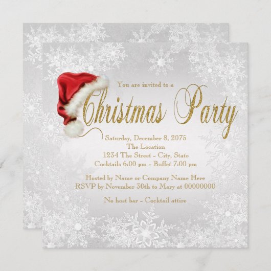 シルバー金ゴールドスノーフレーククリスマスパーティー 招待状 (正面/裏面)