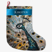 シルバー金ゴールドティール(緑がかった色)ブルーピーコッククリスマスネーム ラージクリスマスストッキング (正面)