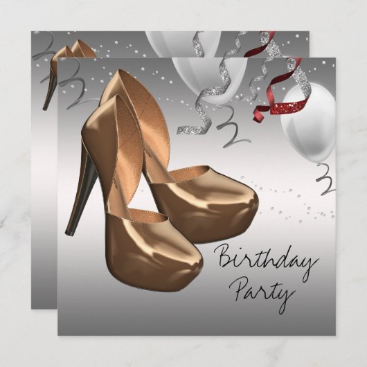 シルバー金ゴールドハイヒールシューズ誕生日パーティー 招待状 (正面/裏面)
