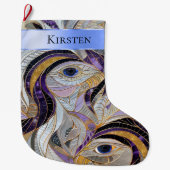 シルバー金ゴールドパープルピーコック羽飾りクリスマス名 ラージクリスマスストッキング (正面)