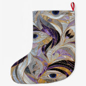 シルバー金ゴールドパープルピーコック羽飾りクリスマス名 ラージクリスマスストッキング (裏面)