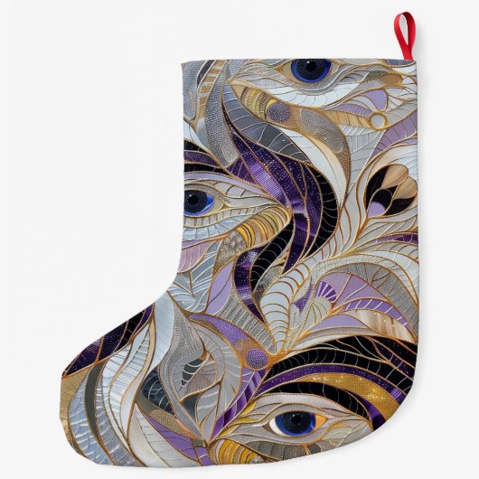 シルバー金ゴールドパープルピーコック羽飾りクリスマス名 ラージクリスマスストッキング (裏面)
