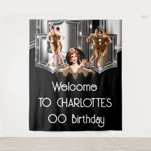 シルバー金ゴールドフラッパーの女の子が20年代のギャツビーの爆破を叫ぶ タペストリー (正面)