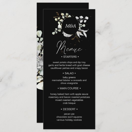 シルバー金ゴールドフローラ結婚のディナーメニュー 招待状 (正面/裏面)