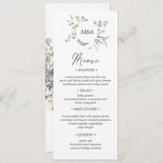 シルバー金ゴールドフローラ結婚のディナーメニュー 招待状 (正面/裏面)