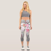 シルバー金ゴールドブラックヒョウ柄ピンク色の花 カプリレギンス (正面)