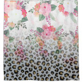 シルバー金ゴールドブラックヒョウ柄ピンク色の花 シャワーカーテン (正面)