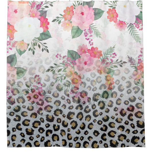 シルバー金ゴールドブラックヒョウ柄ピンク色の花 シャワーカーテン (正面)