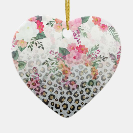 シルバー金ゴールドブラックヒョウ柄ピンク色の花 セラミックオーナメント (正面)