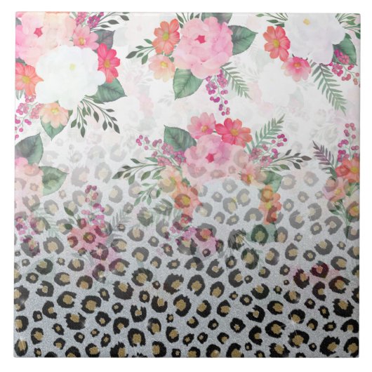 シルバー金ゴールドブラックヒョウ柄ピンク色の花 タイル (正面)