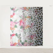シルバー金ゴールドブラックヒョウ柄ピンク色の花 タペストリー (正面)