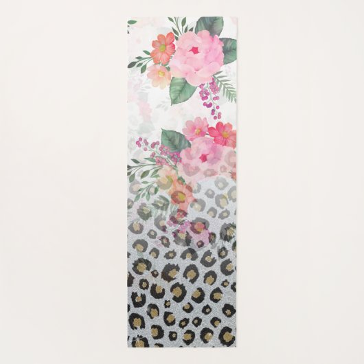 シルバー金ゴールドブラックヒョウ柄ピンク色の花 ヨガマット (裏面)