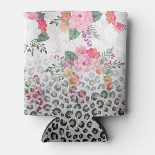 シルバー金ゴールドブラックヒョウ柄ピンク色の花 缶クーラー (正面)